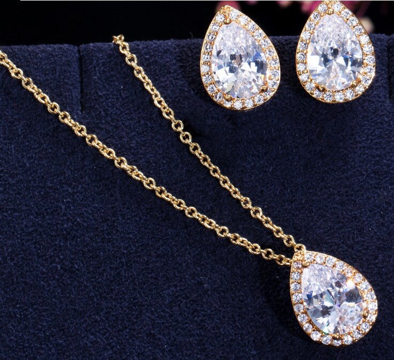 SET Necklace & Gauges Earrings GOLD Small Teardrop Crystal Etsy
