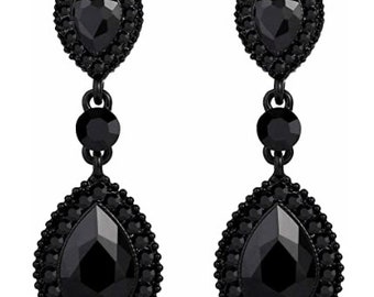 PAIR Black Oval Crystal Dangle Wedding Prom gauges plugs tunnels 2g 0g 00g 7/16" 1/2" 9/16" 6mm 8mm 10mm 11mm 12mm 14mm