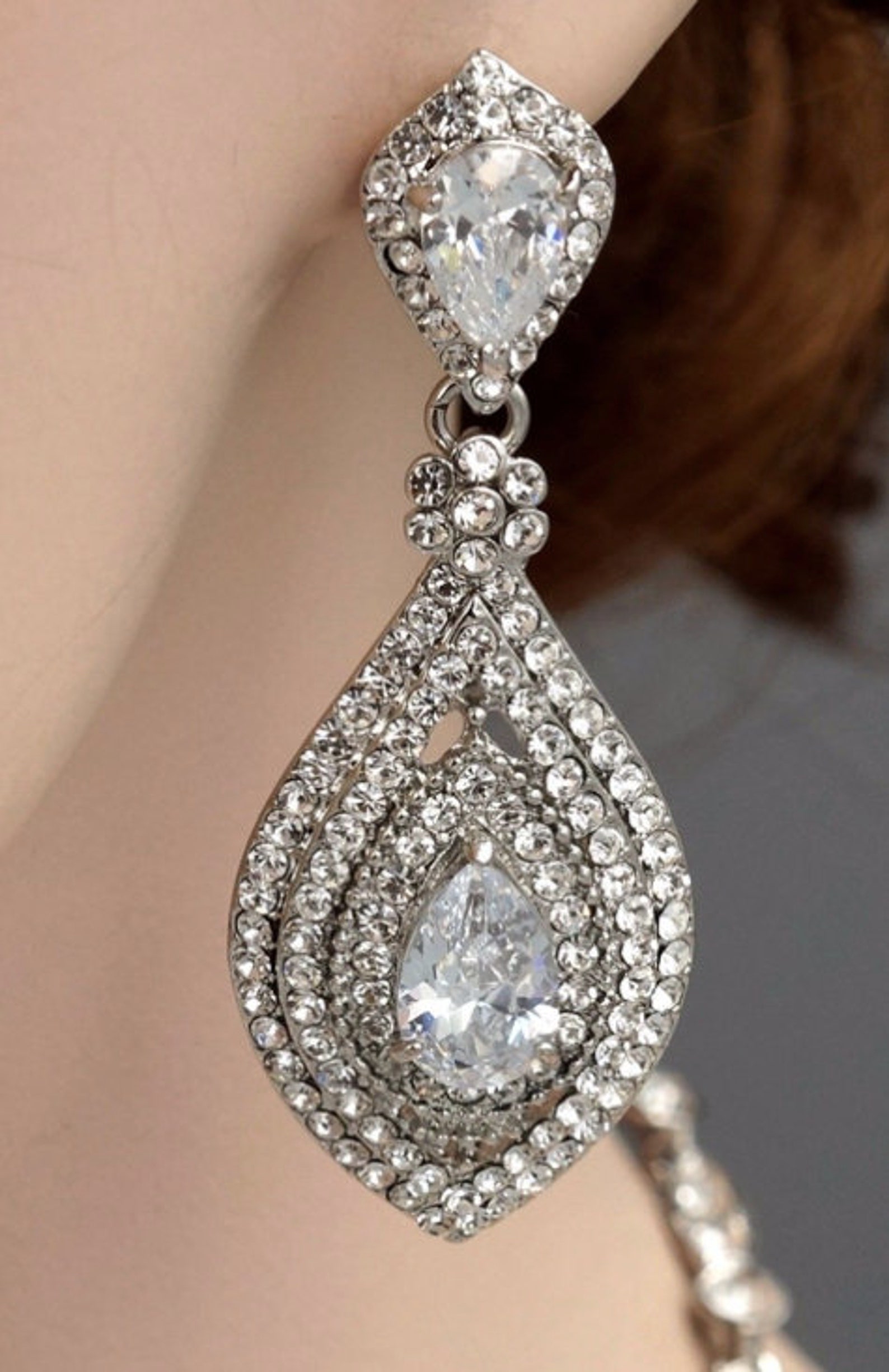 SET Necklace & Gauges Earringssilver Crystal Bridal Drop Etsy
