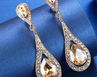 PAIR Long Champagne Crystal Wedding Prom Gauges Plugs 8g 3mm 6g 4mm 4g 5mm 2g 6mm  8mm 0g 10mm 00g 7/16" 11mm 1/2" 12mm