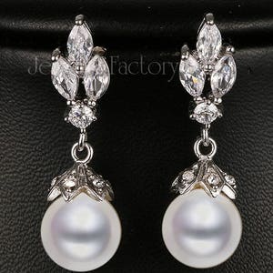 Ivory Pearl Silver Drops Vintage Marquise Shape CZ earrings Prom Bridal Wedding Gauges tunnels Plugs 8g 6g 4g 2g 0g 3mm 4mm 5mm 6mm 8mm image 1