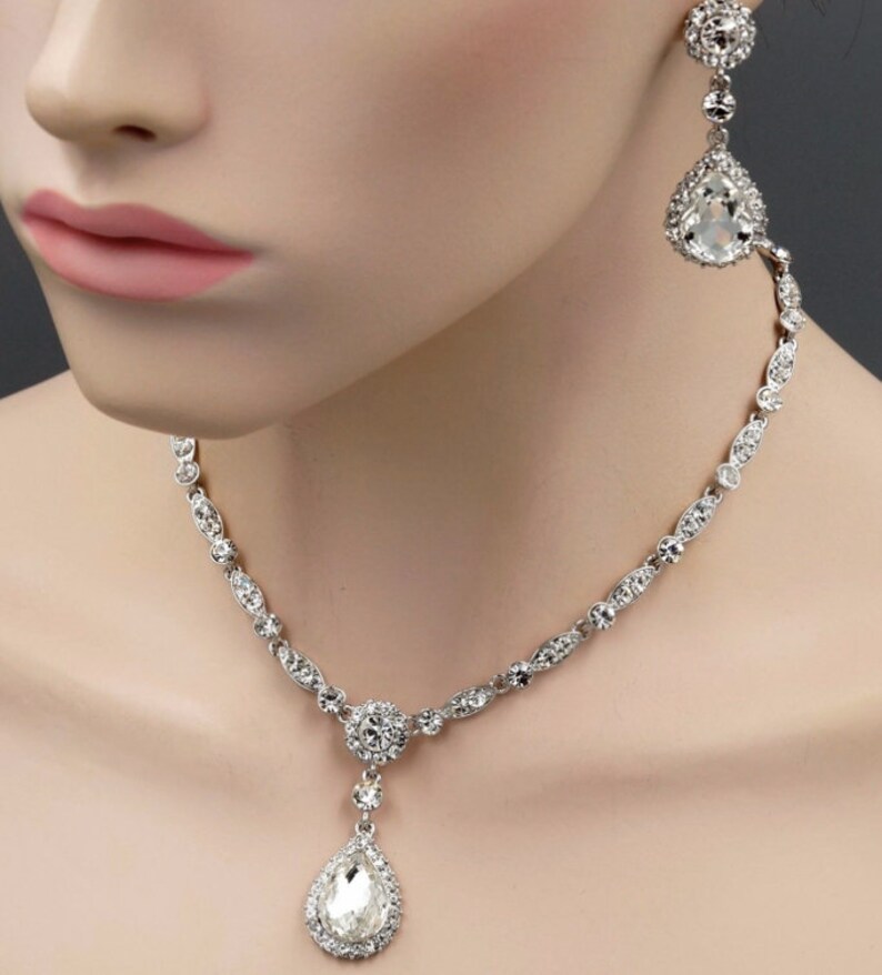 SET Necklace & Gauges Earrings SILVER Dangle Crystal Vintage Wedding Prom plugs tunnels 2g 0g 00g 1/2 6mm 8mm 10mm 11mm 12mm image 3