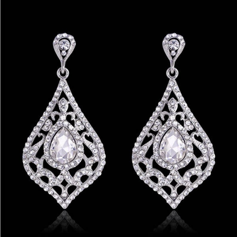 Elegant Leaf Chandelier Drop Earrings Crystal Rhinestones Etsy