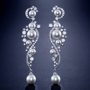 PAIR Silver Pearl Vine Wedding Earrings Dangle Gauges Plugs Tunnels 8g 6g 4g 2g 0g 00g 7/16 1/2 3mm 4mm 5mm 6mm 8mm 10mm 11mm 12mm image 1