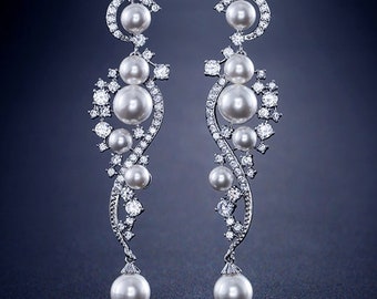 PAIR Silver Pearl Vine Wedding Earrings Dangle Gauges Plugs Tunnels 8g 6g 4g 2g 0g 00g 7/16 1/2 3mm 4mm 5mm 6mm 8mm 10mm 11mm 12mm