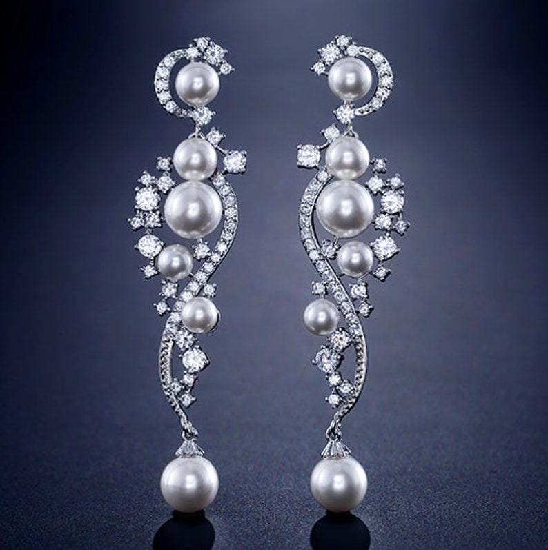 PAIR Silver Pearl Vine Wedding Earrings Dangle Gauges Plugs image 1