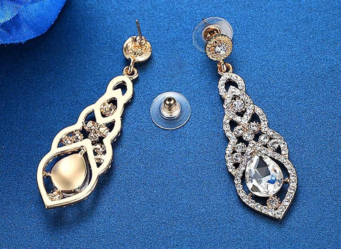 Waterdrop Crystal Drop Long Earrings GOLD Elegant Bridal Etsy