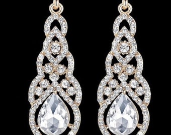 Water-Drop GOLD Crystal Drop Long Earrings Elegant Bridal Wedding Gauges Plugs 8g 6g 4g 2g 3mm 4mm 5mm 6mm