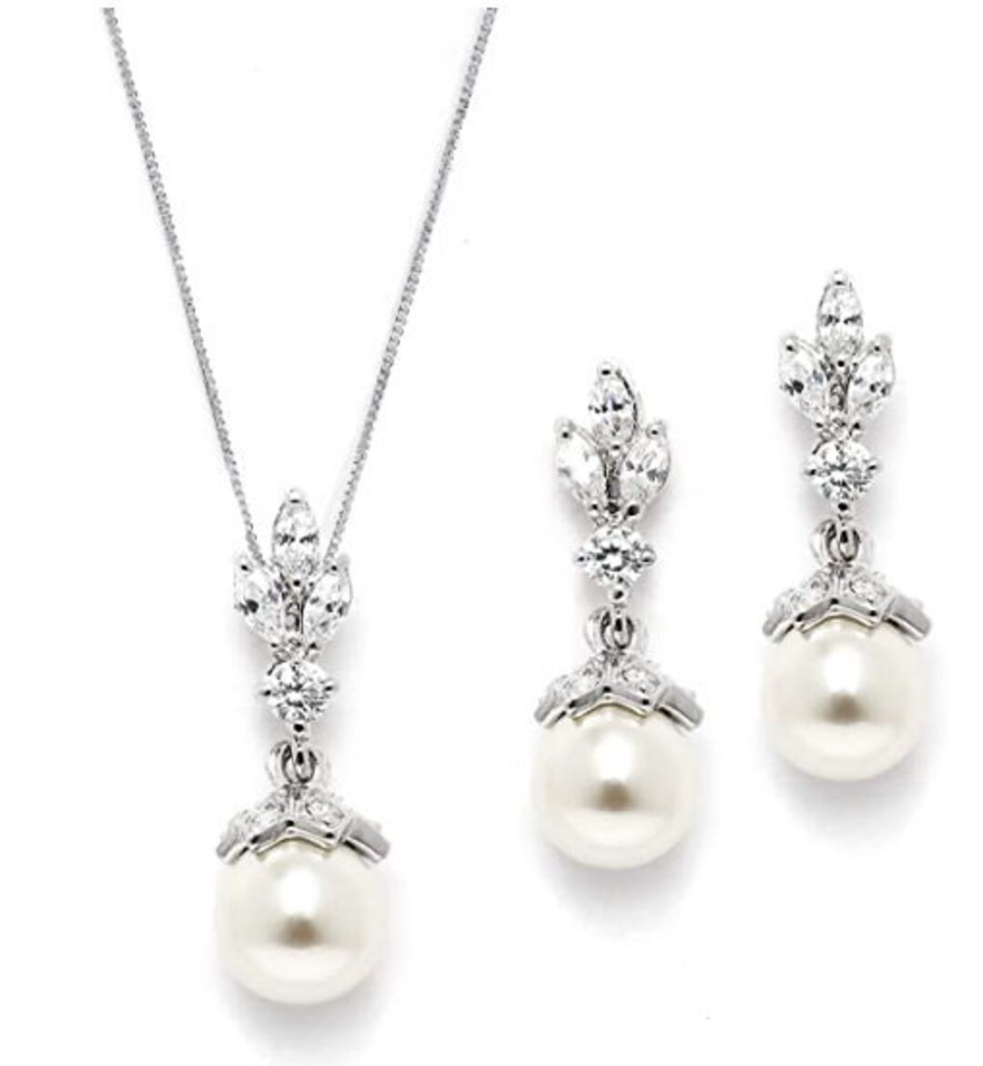 SET Necklace & Gauges Earrings Silver Light Ivory Pearl Drop Vintage