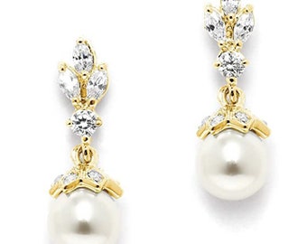 14K Gold Plated Light Ivory Pearl Drop earrings Prom Bridal Wedding Gauges tunnels  Plugs 8g 6g 4g 2g 0g 3mm 4mm 5mm 6mm 8mm