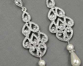 PAIR Silver Water-Drop Pearl Crystal Long Earrings Elegant Bridal Wedding Gauges Plugs 8g 6g 4g 2g 3mm 4mm 5mm 6mm