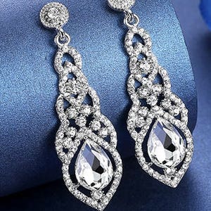 Water-Drop Crystal Drop Long Earrings Silver Elegant Bridal Wedding Gauges Plugs 8g 6g 4g 2g 3mm 4mm 5mm 6mm