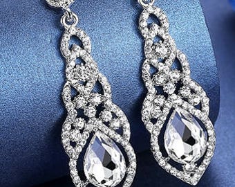 Water-Drop Crystal Drop Long Earrings Silver Elegant Bridal Wedding Gauges Plugs 8g 6g 4g 2g 3mm 4mm 5mm 6mm