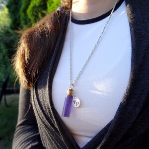 Peut inclure: Un collier en cha&icirc;ne argent&eacute;e avec un petit pendentif en forme de bouteille de verre rempli de liquide violet et un charme en argent avec le symbole du zodiaque Capricorne.