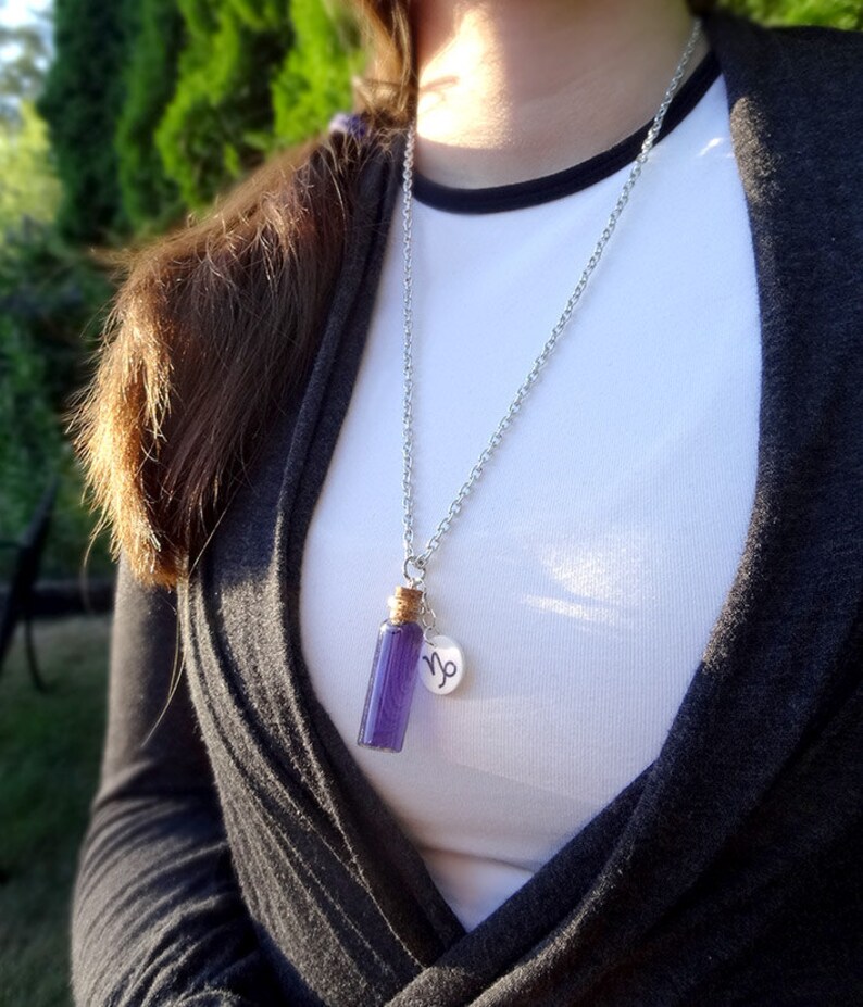 Peut inclure: Un collier en cha&icirc;ne argent&eacute;e avec un petit pendentif en forme de bouteille de verre rempli de liquide violet et un charme en argent avec le symbole du zodiaque Capricorne.