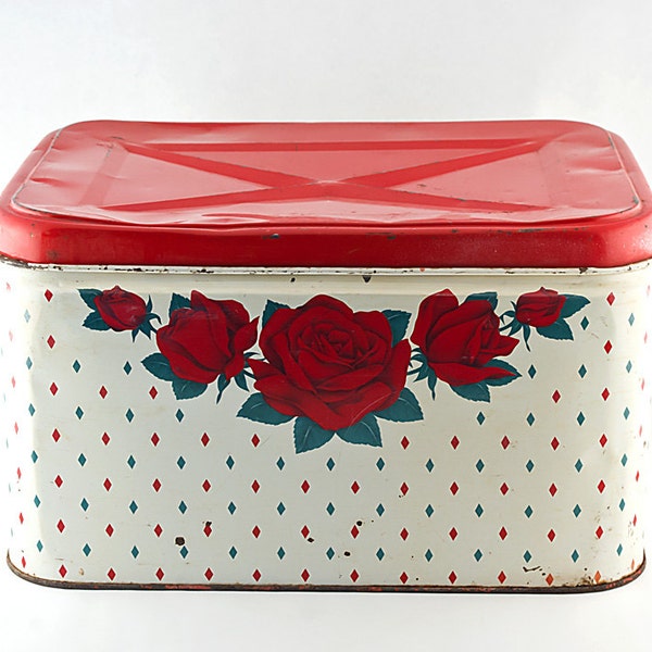 Tin Bread Box, Rose Floral, Green and Red Diamonds on a White Field
