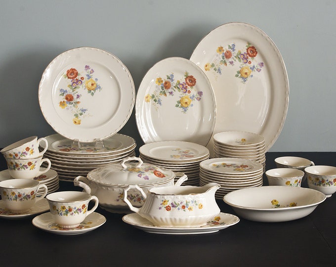 Crooksville China, 68pc Dinnerware Set, Table and Serving Pieces, Bouquet, Multicolored Floral