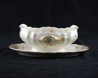 Theodore Haviland Limoges Gravy or Sauce Boat, Antique c.1903, Schleiger 150 Pink, Yellow Flowers, Blank 122