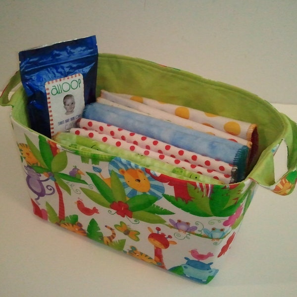 Gender Neutral fabric basket w/ 2 dozen flannel wipes and wipes wash solution cubes