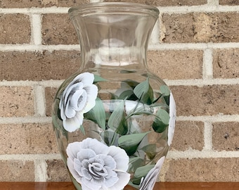 Hand Painted White Roses Vase, Rose Table Decor, Christmas gift, birthday gift for Mom, for Wife, for Grandma, for best friend, for sister.