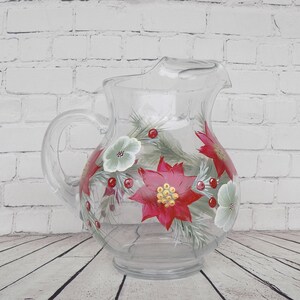 Hand Painted Christmas Floral Glass Pitcher, Poinsettia Pitcher, Lemonade Iced Tea Pitcher, Christmas Gift for mom, for grandma
