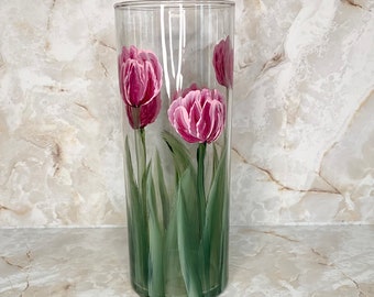 Hand Painted Tulip Cylinder Vase, Spring Easter Floral Vase, Christmas Gift, Birthday gift for Mom, for wife, for grandma