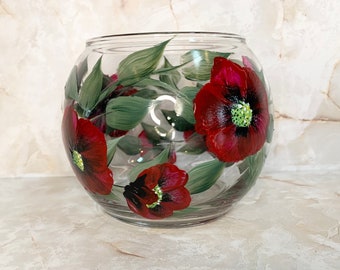 Hand Painted glass Vase, Red Poppies Vase, Wedding Gift, Housewarming Gift, Mother's Day gift for Mom, for wife, for grandma