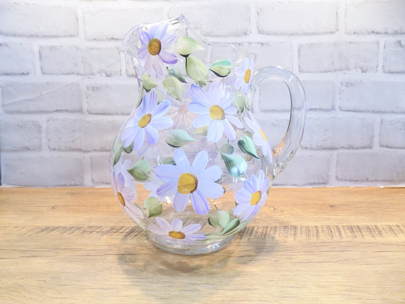 Hand Painted Daisy Glass Pitcher, Floral Pitcher, Iced Tea Pitcher, Christmas Gift for Mom, for Wife, for Grandma, Daisy Gift image 6