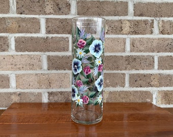 Hand Painted Floral Cylinder Vase, Mantel Vase, Birthday Gift, Summer Wedding Gift, Birthday Gift for Mom, for Wife, for Grandma