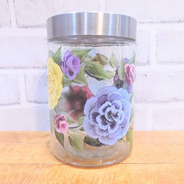 Hand Painted Rose Canister, Office Candy Jar, Secret Santa Gift,  Christmas gift for Mom, for wife, for grandma, For Sister