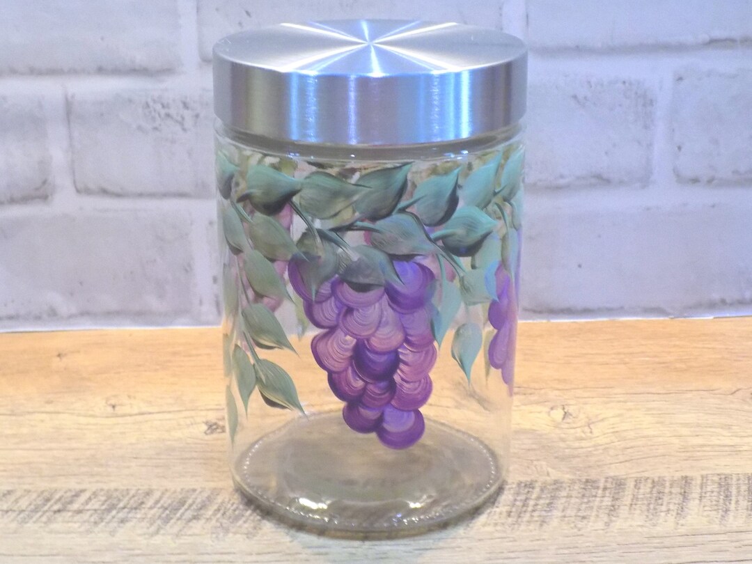 Hand Painted Grapes Canister, Office Candy Jar, Kitchen Decor
