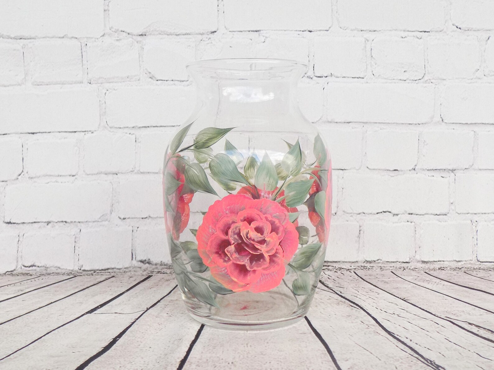 Hand Painted Coral Rose Vase Rose Table Decor Summer Floral Etsy