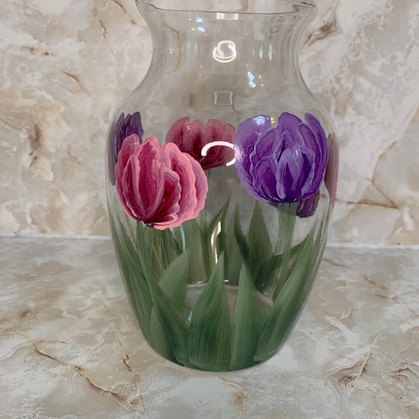 Hand Painted Spring Tulip Vase, Secret Santa Gift,  Christmas gift for Mom, for wife, for grandma, For Sister