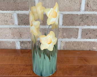 Hand Painted Daffodils Cylinder Vase, Floral Vase, Secret Santa Gift,  Christmas gift for Mom, for wife, for grandma, For Sister