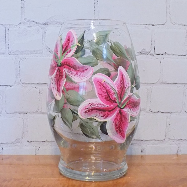 Hand Painted Stargazer Lily Vase, Floral Table Decor, Summer Floral Vase, Wedding Present, Mother's Day gift for Mom, for wife, for grandma