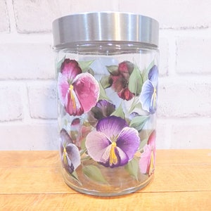 Hand Painted Pansy Canister, Office Candy Jar, Pansy Gift, Secret Santa Gift,  Christmas gift for Mom, for wife, for grandma, For Sister