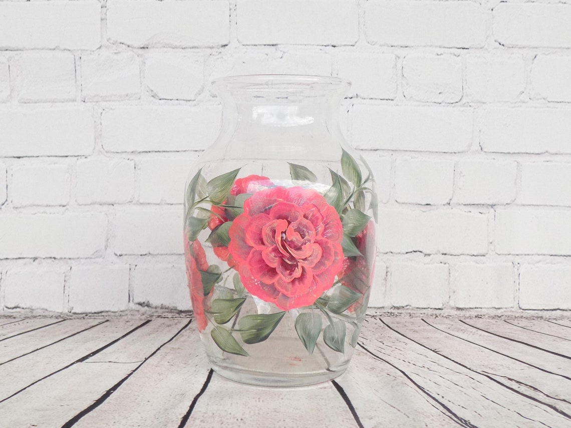 Hand Painted Coral Rose Vase Rose Table Decor Summer Floral Etsy