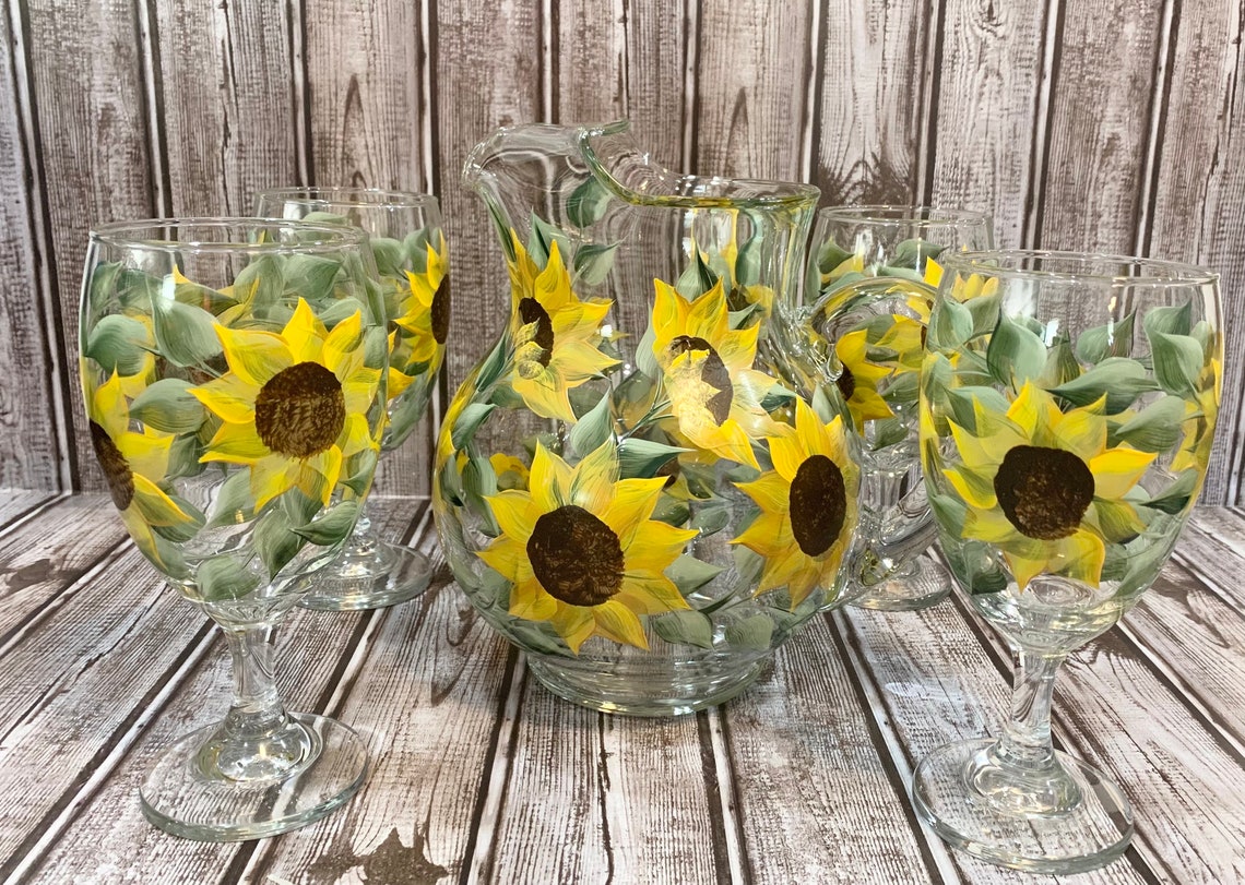 Hand Painted Sunflower Drinking Glasses and Pitcher Set Etsy