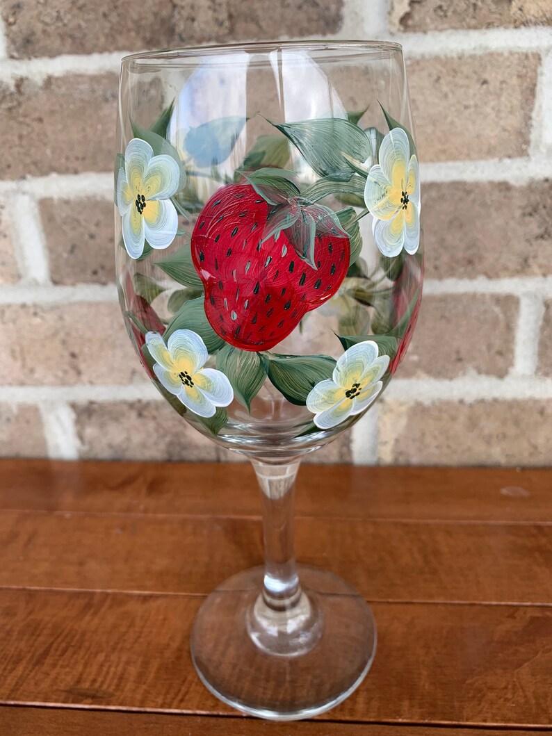 Hand Painted Red strawberry Wine Glass Yellow Flowers Painted Etsy