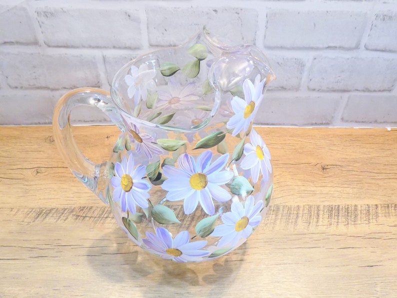 Hand Painted Daisy Glass Pitcher, Floral Pitcher, Iced Tea Pitcher, Christmas Gift for Mom, for Wife, for Grandma, Daisy Gift image 2