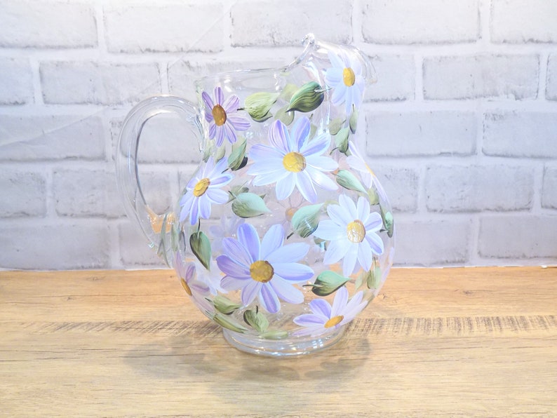 Hand Painted Daisy Glass Pitcher, Floral Pitcher, Iced Tea Pitcher, Christmas Gift for Mom, for Wife, for Grandma, Daisy Gift image 4