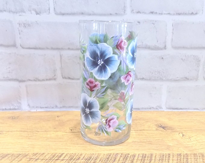 Hand Painted Floral Small Cylinder Vase, Mantel Vase, Birthday Gift, Summer Wedding Gift, Birthday Gift for Mom, for Wife, for Grandma