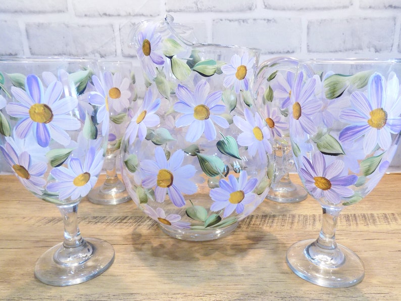 Hand Painted Daisy Glass Pitcher, Floral Pitcher, Iced Tea Pitcher, Christmas Gift for Mom, for Wife, for Grandma, Daisy Gift image 7