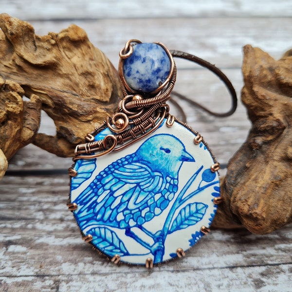 Blue and White Botanical Necklace, Sodalite Pendant, Wire Wrapped Jewellery, Cottagecore Pendant, Blue Bird Jewellery, 7th Anniversary Gift