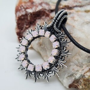 Pink Open Circle Necklace, Crystal Circle Necklace, Wire Wrapped Jewellery, Sunburst Pendant, Karma Necklace, Sentimental Jewellery Gift