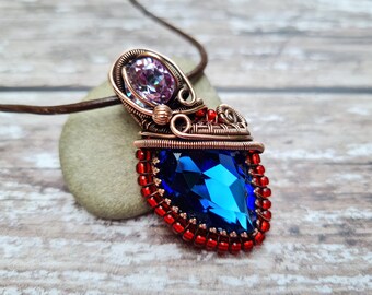 Crystal and Seed Bead Wire Wrapped Pendant, Sparkle Statement Necklace, Artisan Copper Jewellery, Blue and Red Multi Crystal Pendant