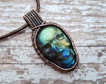 Carved Labradorite Skull Pendant, Wire Wrapped Jewellery, Green Labradorite, Day of the Dead, Crystal Skull, Spooky Skull Jewellery