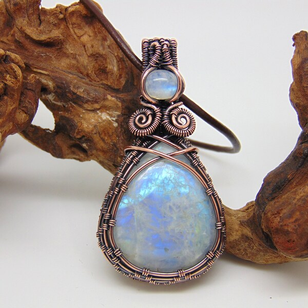 Rainbow Moonstone Pendant - Copper Anniversary Jewellery - Moonstone Necklace - Gemstone Jewellery - Wire Wrapped Pendant - June Birthstone