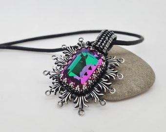 Octagon Pendant, Rainbow Crystal Necklace, Wire Wrapped Jewellery, Geometric Necklace, Sunburst Necklace, Aurora Crystal Jewellery