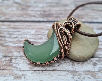 Wire Wrapped Green Amazonite Crescent Moon Pendant, Mixed Metal Bronze and Copper Phase of The Moon Necklace, Statement Celestial Jewellery